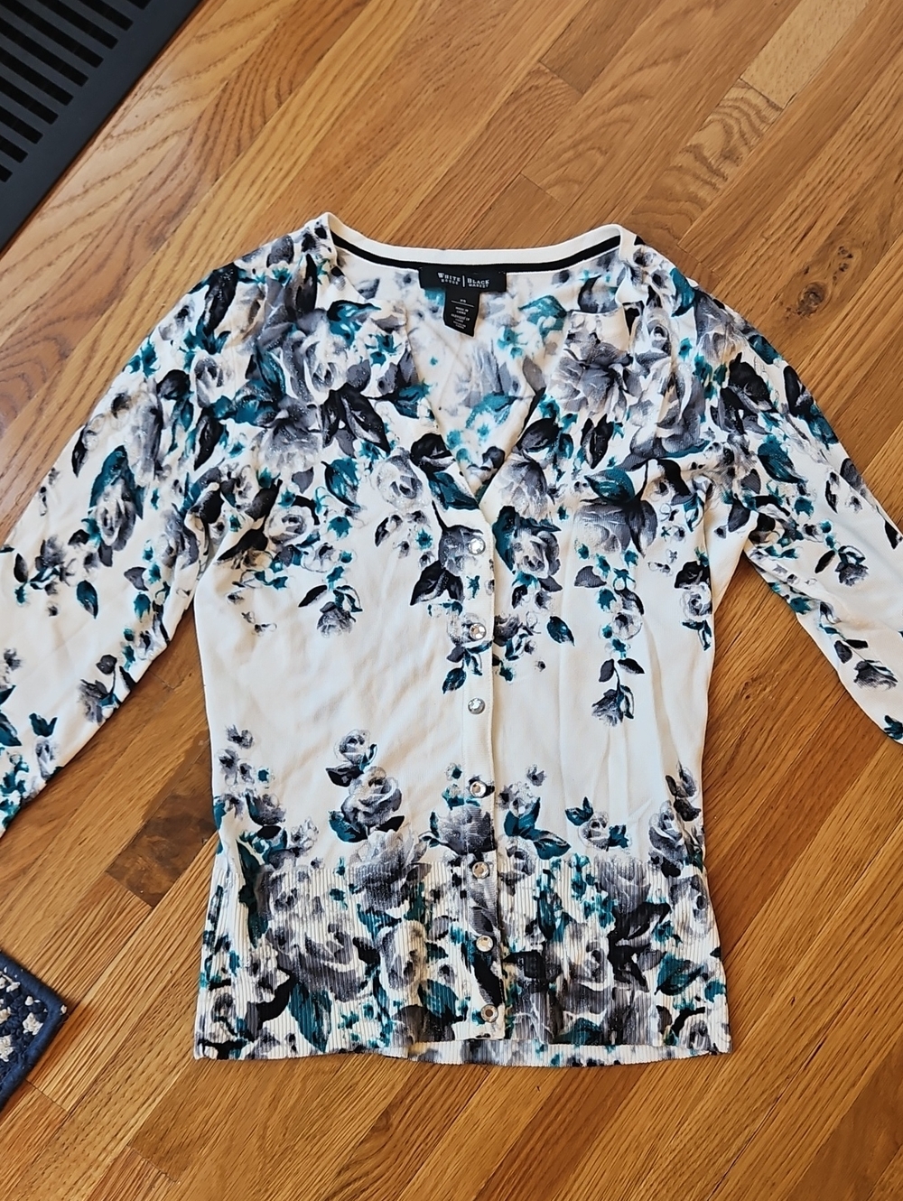 White House Black MarketTeal and Gray Floral Cardigan